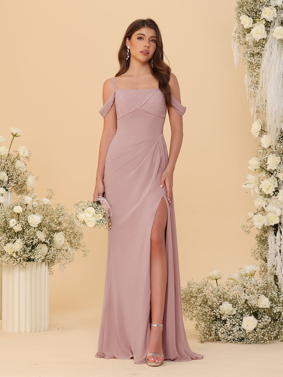 Sheath/Column Off-the-Shoulder Spaghetti Straps Long Ruched Bridesmaid Dresses With Side Slit - 画像 (20)
