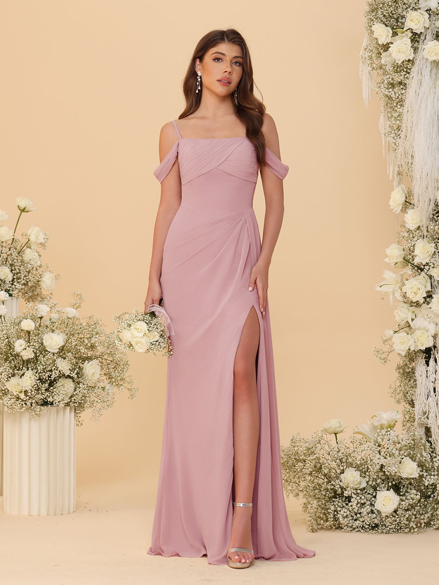 Sheath/Column Off-the-Shoulder Spaghetti Straps Long Ruched Bridesmaid Dresses With Side Slit - 画像 (42)