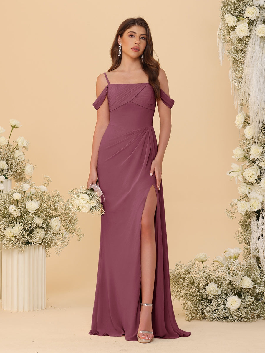 Sheath/Column Off-the-Shoulder Spaghetti Straps Long Ruched Bridesmaid Dresses With Side Slit - 画像 (45)