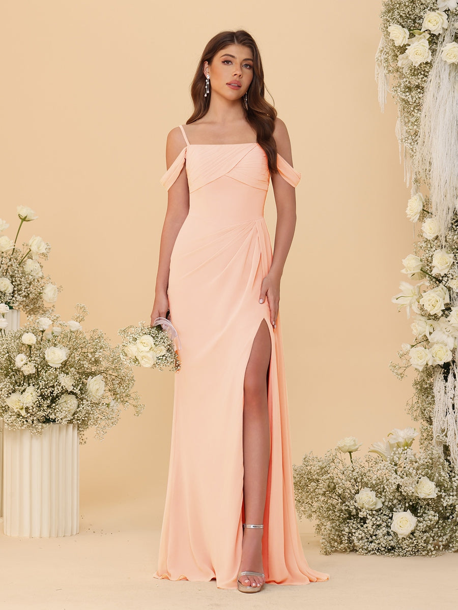 Sheath/Column Off-the-Shoulder Spaghetti Straps Long Ruched Bridesmaid Dresses With Side Slit - 画像 (53)