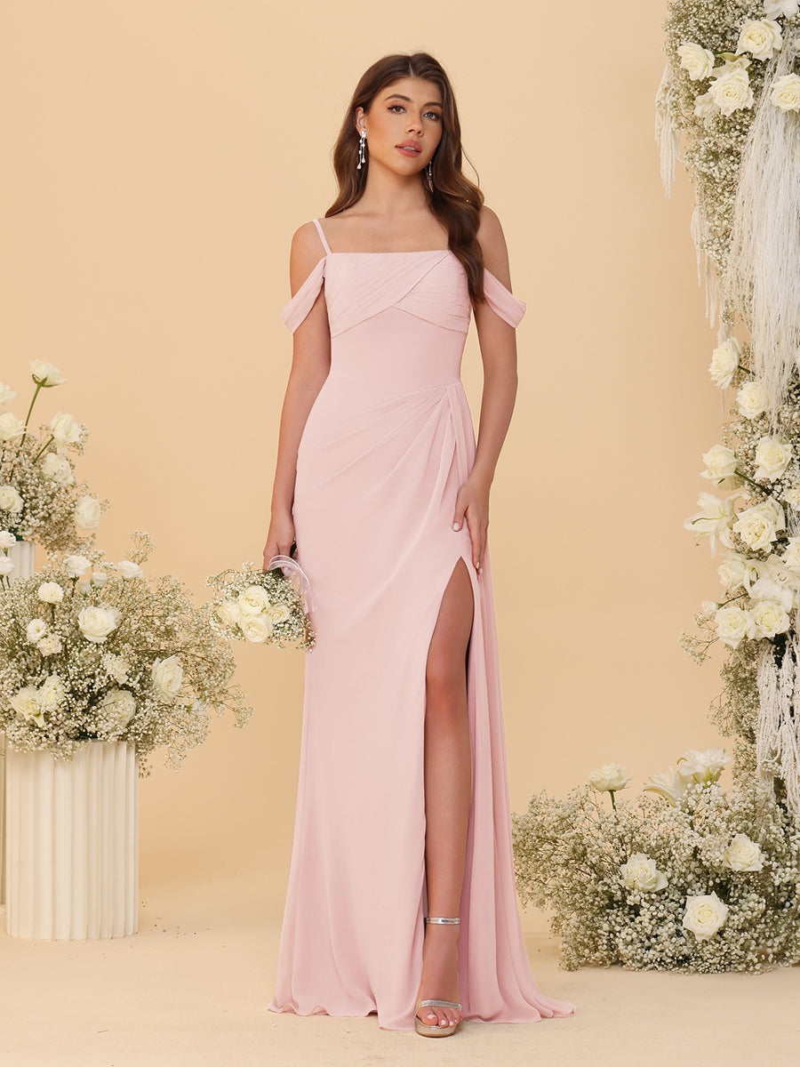 Sheath/Column Off-the-Shoulder Spaghetti Straps Long Ruched Bridesmaid Dresses With Side Slit - 画像 (55)