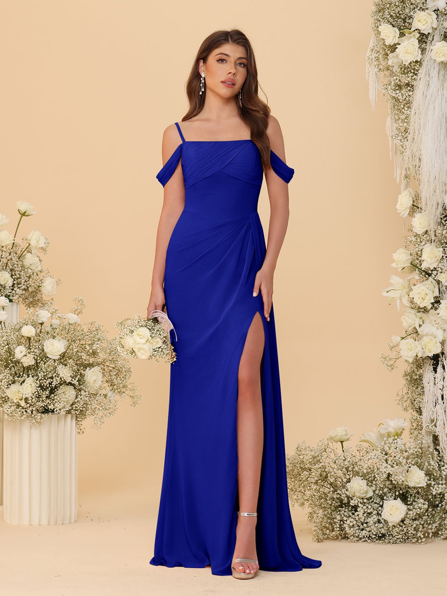 Sheath/Column Off-the-Shoulder Spaghetti Straps Long Ruched Bridesmaid Dresses With Side Slit - 画像 (60)
