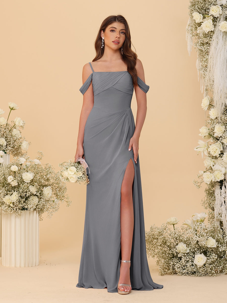 Sheath/Column Off-the-Shoulder Spaghetti Straps Long Ruched Bridesmaid Dresses With Side Slit - 画像 (65)