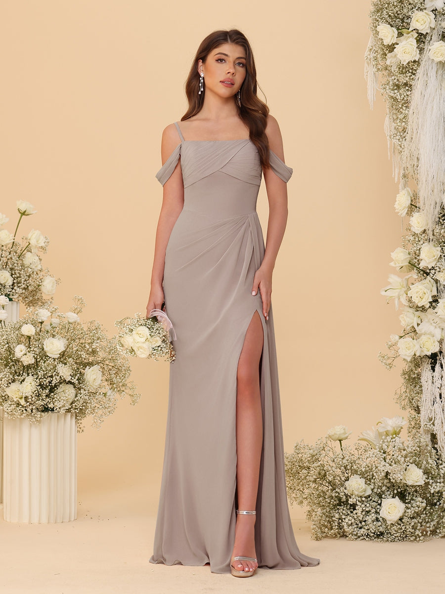 Sheath/Column Off-the-Shoulder Spaghetti Straps Long Ruched Bridesmaid Dresses With Side Slit - 画像 (70)