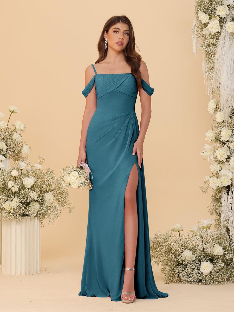 Sheath/Column Off-the-Shoulder Spaghetti Straps Long Ruched Bridesmaid Dresses With Side Slit - 画像 (71)