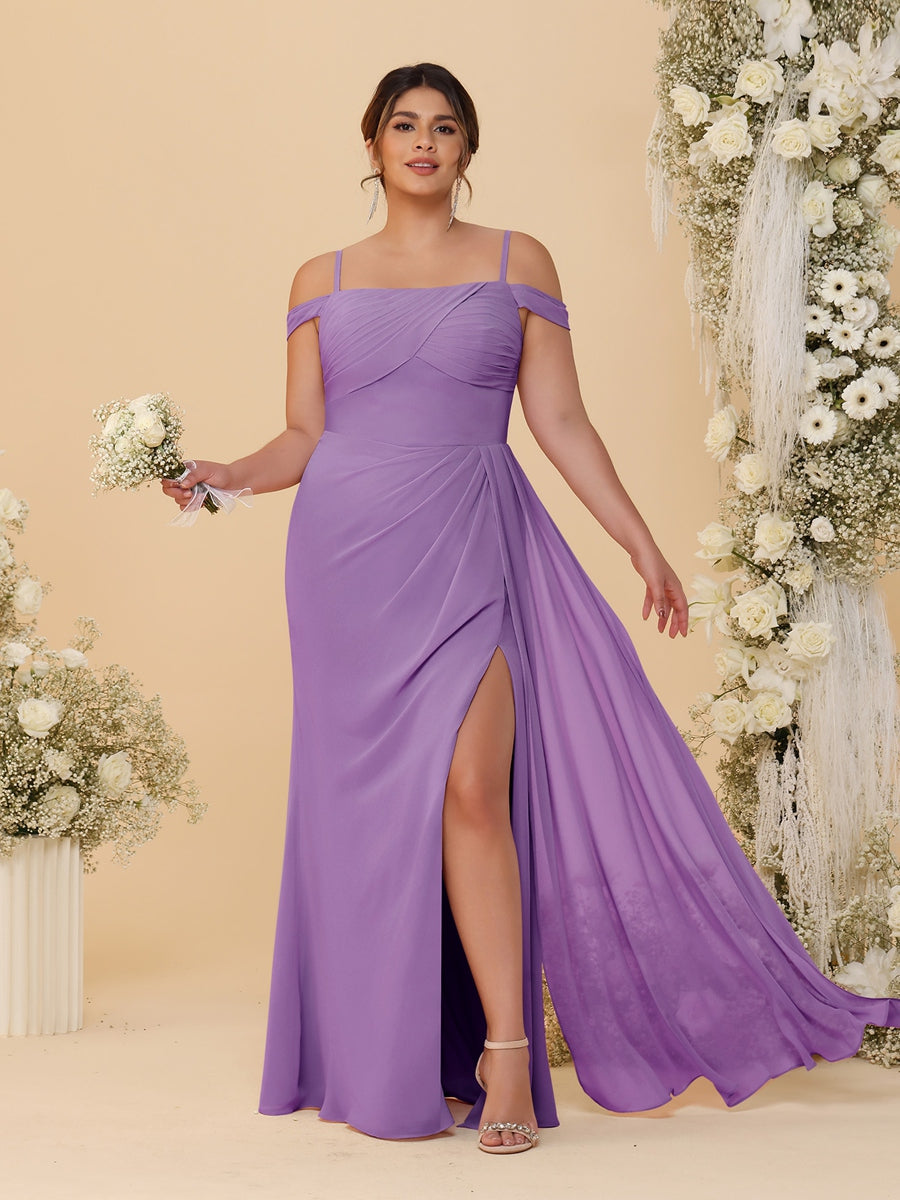Sheath/Column Off-the-Shoulder Spaghetti Straps Plus Size Bridesmaid Dresses With Side Slit - 画像 (18)