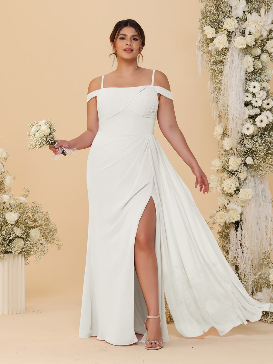 Sheath/Column Off-the-Shoulder Spaghetti Straps Plus Size Bridesmaid Dresses With Side Slit - 画像 (29)