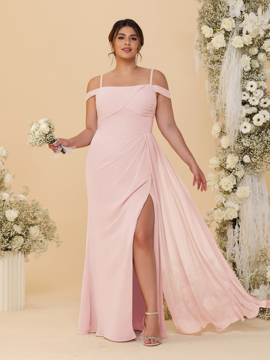 Sheath/Column Off-the-Shoulder Spaghetti Straps Plus Size Bridesmaid Dresses With Side Slit - 画像 (52)