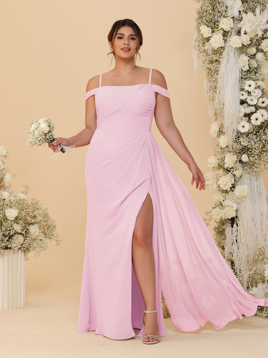 Sheath/Column Off-the-Shoulder Spaghetti Straps Plus Size Bridesmaid Dresses With Side Slit - 画像 (53)