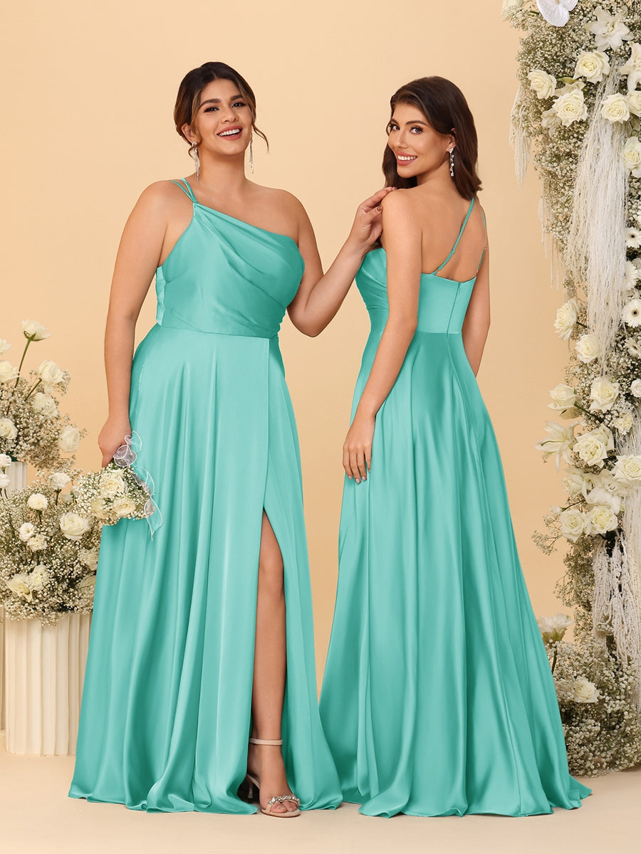 A-Line/Princess Spaghetti Straps Sleeveless Long Ruched Bridesmaid Dresses With Split Side - Image 26