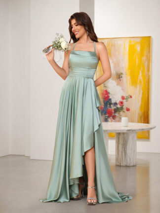 A-Line/Princess Spaghetti Straps Sleeveless Sweep Train Bridesmaid Dresses With Split Side