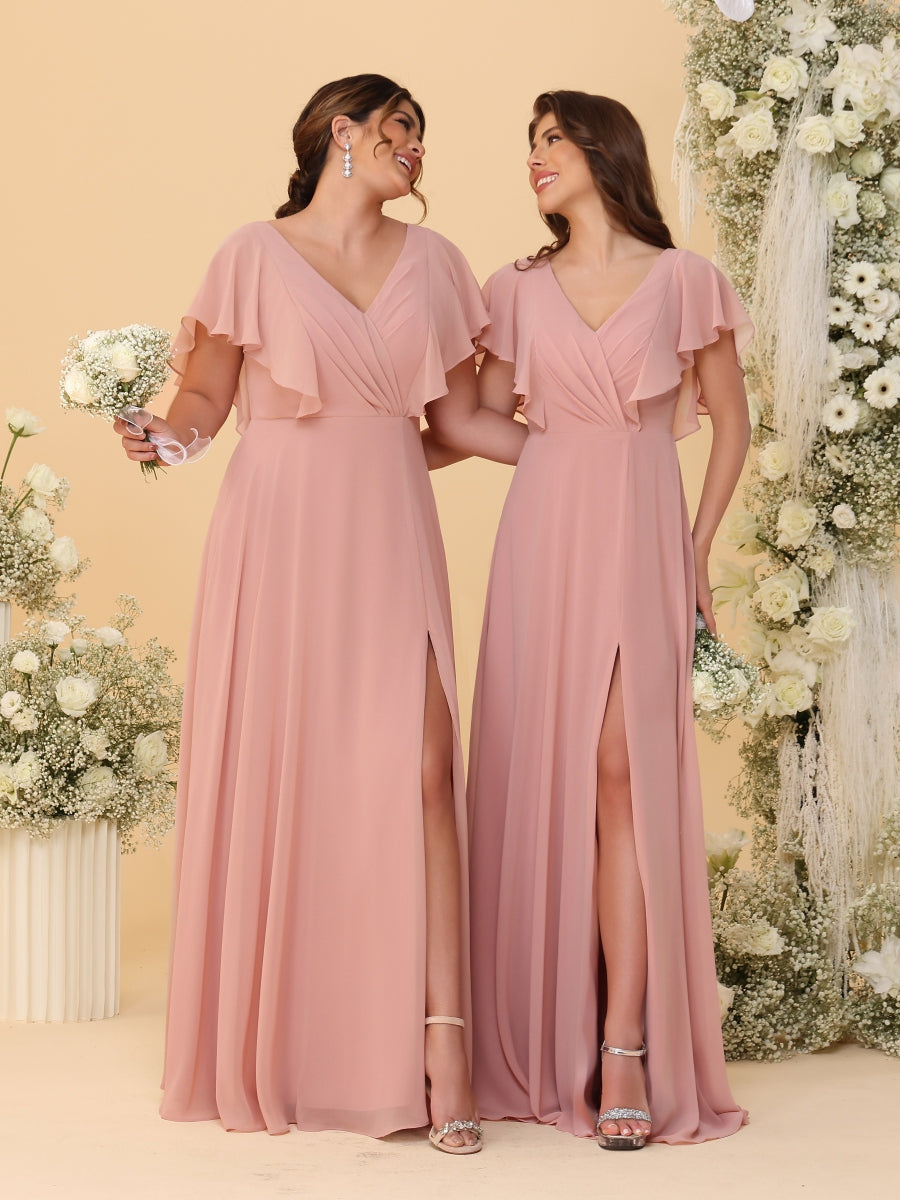 A-Line/Princess V-Neck Short Sleeves Floor-Length Ruched Bridesmaid Dresses With Side Slit - Image 5