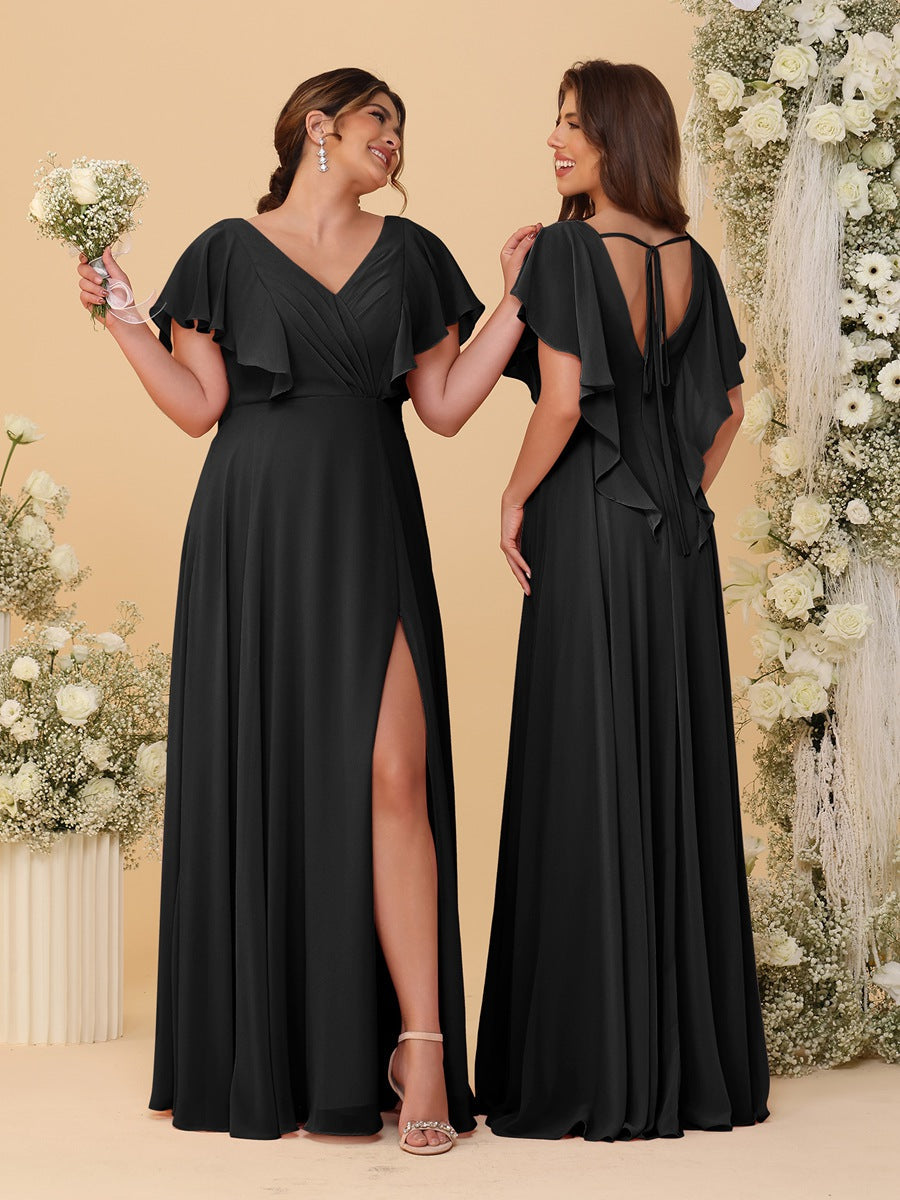 A-Line/Princess V-Neck Short Sleeves Floor-Length Ruched Bridesmaid Dresses With Side Slit - Image 46