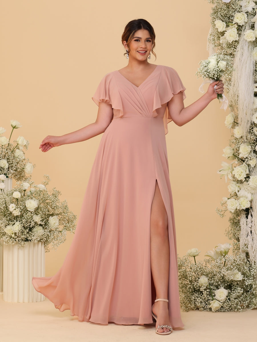 A-Line/Princess V-Neck Short Sleeves Floor-Length Plus Size Bridesmaid Dresses With Side Slit - Image 4
