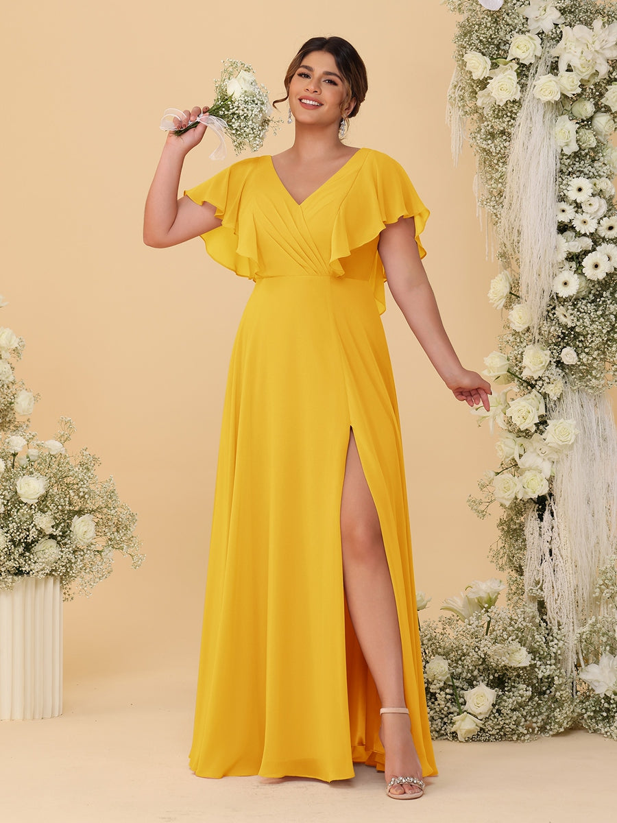 A-Line/Princess V-Neck Short Sleeves Floor-Length Plus Size Bridesmaid Dresses With Side Slit - Image 24