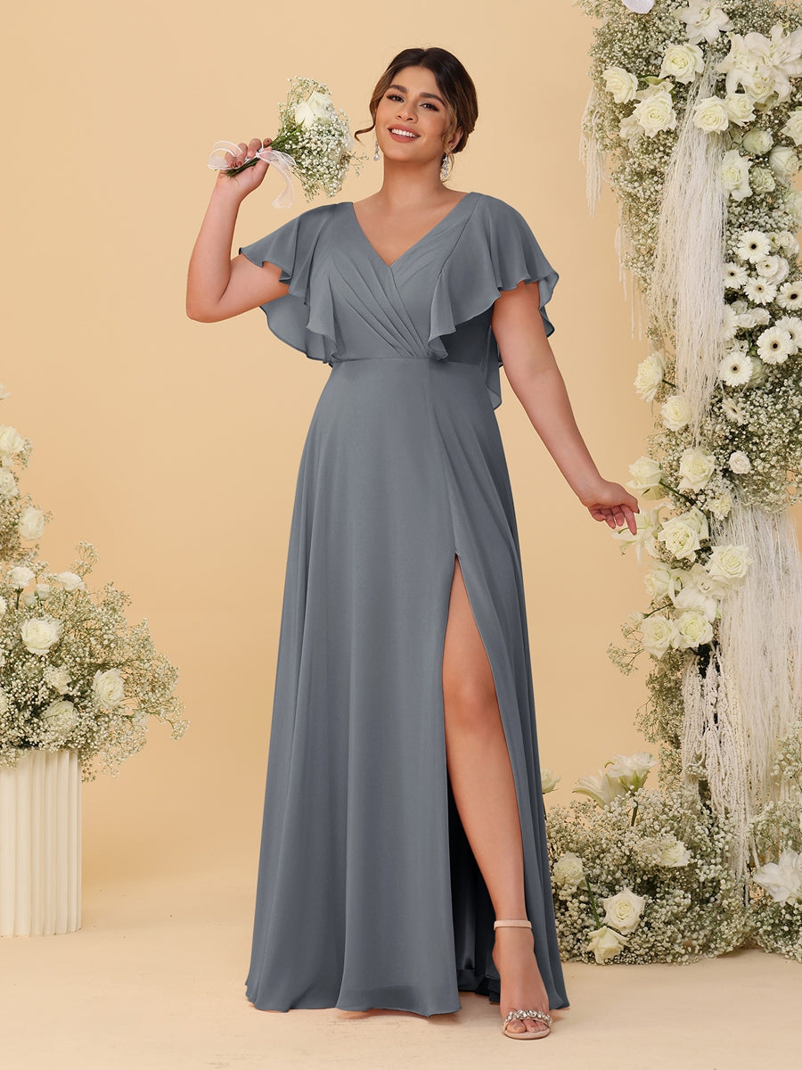 A-Line/Princess V-Neck Short Sleeves Floor-Length Plus Size Bridesmaid Dresses With Side Slit - Image 26