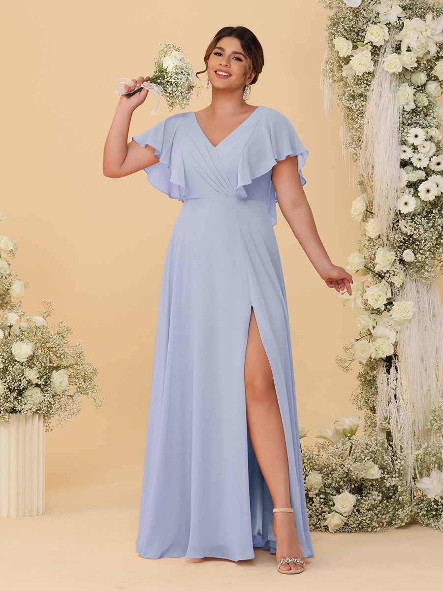 A-Line/Princess V-Neck Short Sleeves Floor-Length Plus Size Bridesmaid Dresses With Side Slit - Image 30
