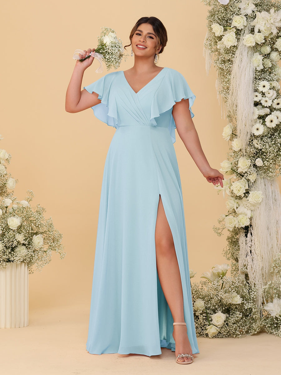 A-Line/Princess V-Neck Short Sleeves Floor-Length Plus Size Bridesmaid Dresses With Side Slit - Image 31