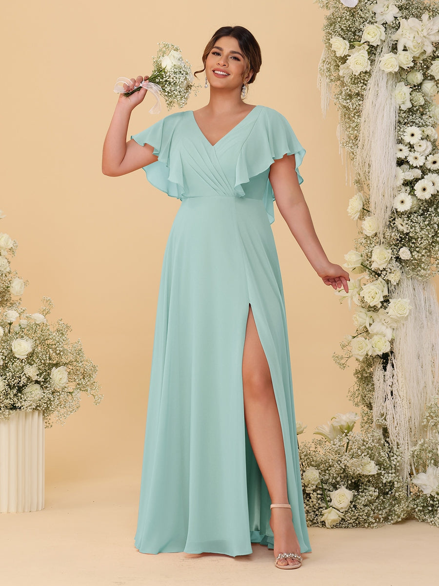 A-Line/Princess V-Neck Short Sleeves Floor-Length Plus Size Bridesmaid Dresses With Side Slit - Image 41