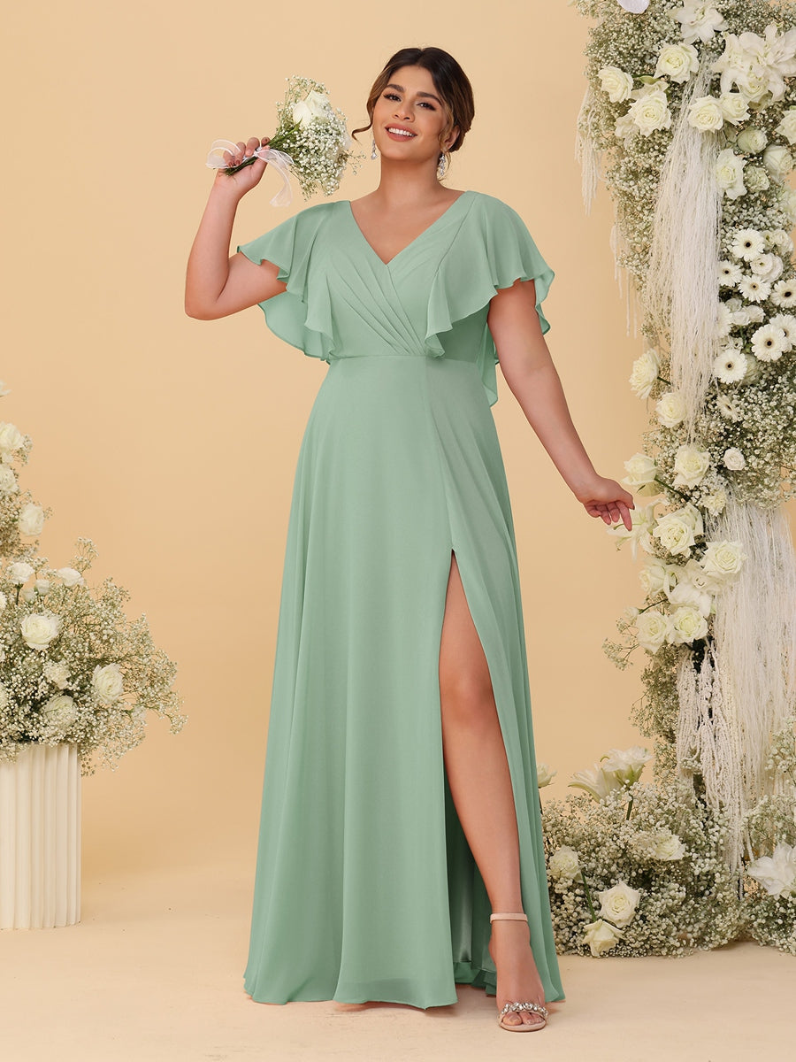 A-Line/Princess V-Neck Short Sleeves Floor-Length Plus Size Bridesmaid Dresses With Side Slit - Image 59