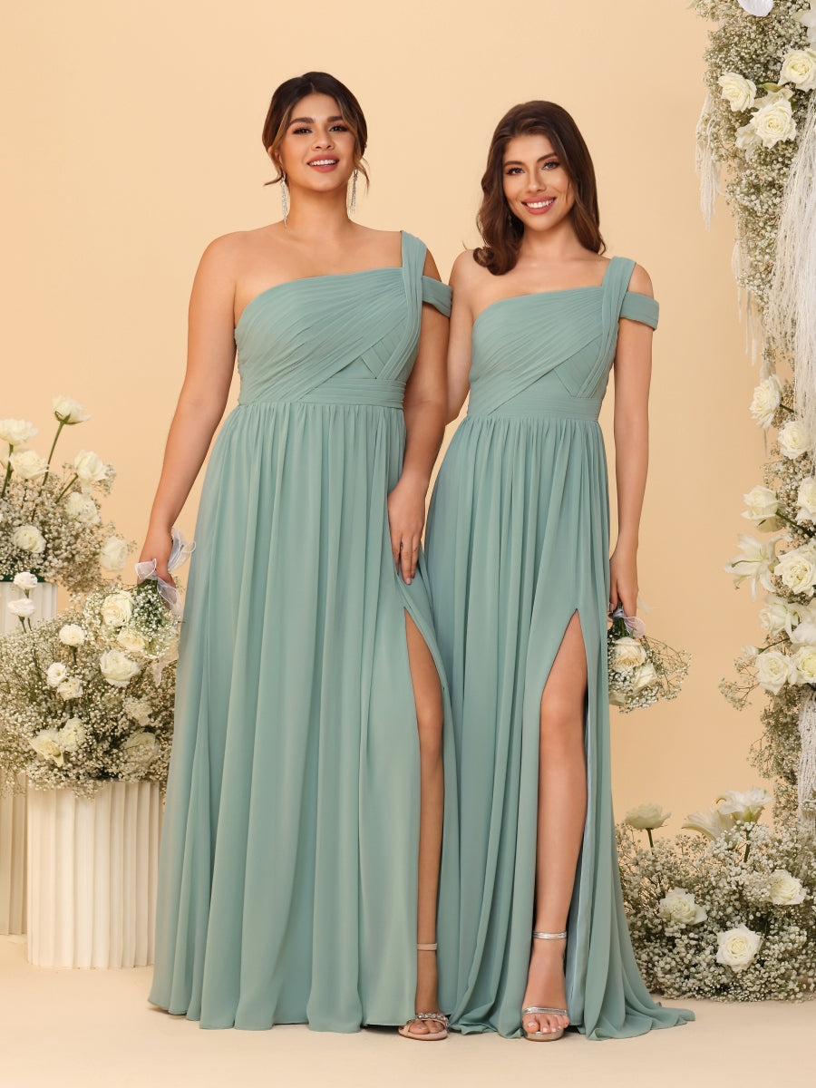 A-Line/Princess One-Shoulder Sleeveless Floor-Length Ruched Bridesmaid Dresses With Side Slit - Image 4