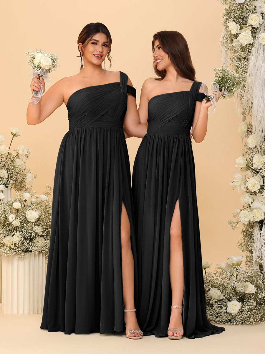 A-Line/Princess One-Shoulder Sleeveless Floor-Length Ruched Bridesmaid Dresses With Side Slit - Image 8
