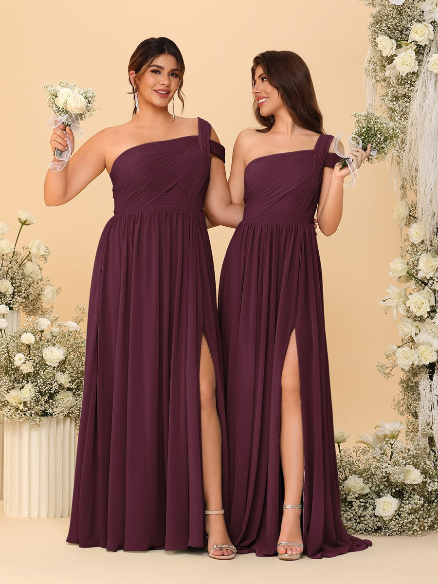 A-Line/Princess One-Shoulder Sleeveless Floor-Length Ruched Bridesmaid Dresses With Side Slit - Image 11
