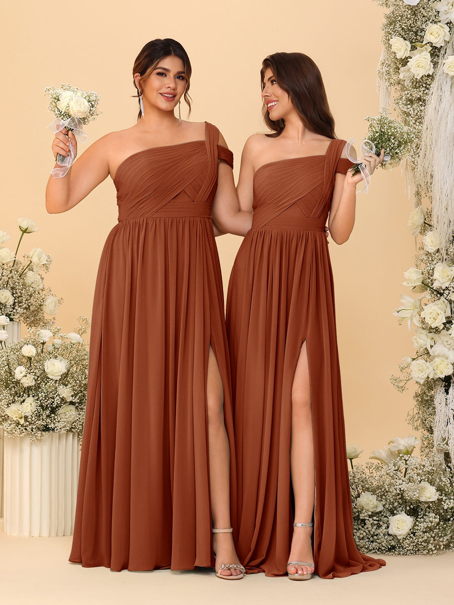 A-Line/Princess One-Shoulder Sleeveless Floor-Length Ruched Bridesmaid Dresses With Side Slit - Image 12