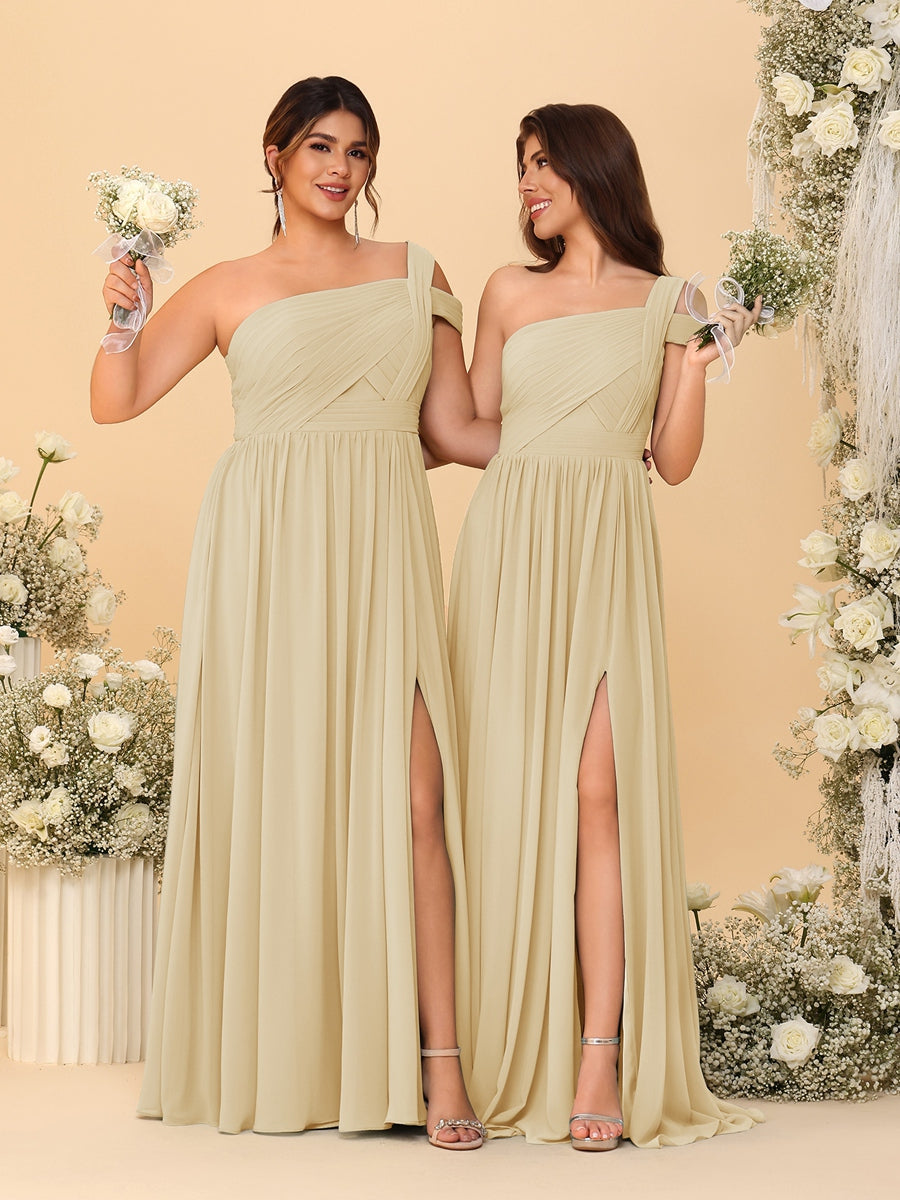 A-Line/Princess One-Shoulder Sleeveless Floor-Length Ruched Bridesmaid Dresses With Side Slit - Image 14