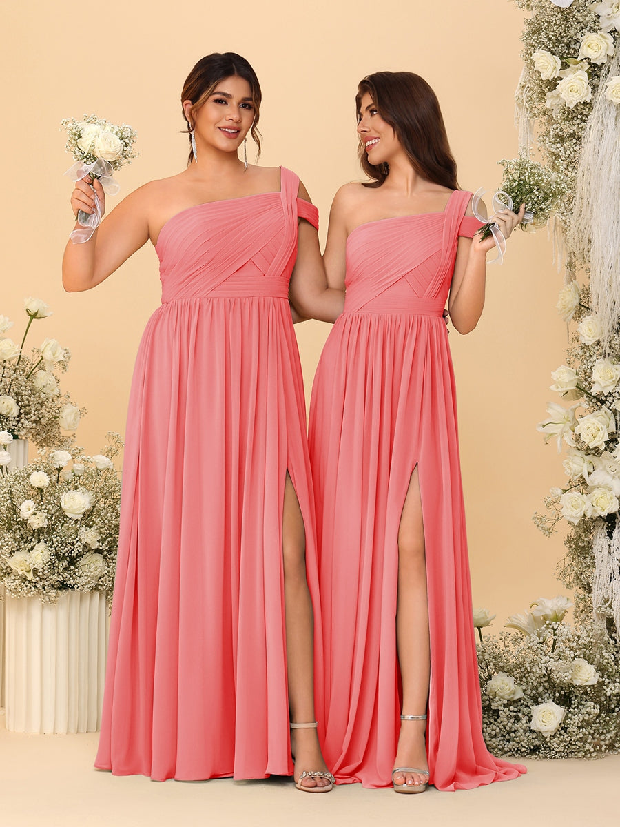 A-Line/Princess One-Shoulder Sleeveless Floor-Length Ruched Bridesmaid Dresses With Side Slit - Image 15