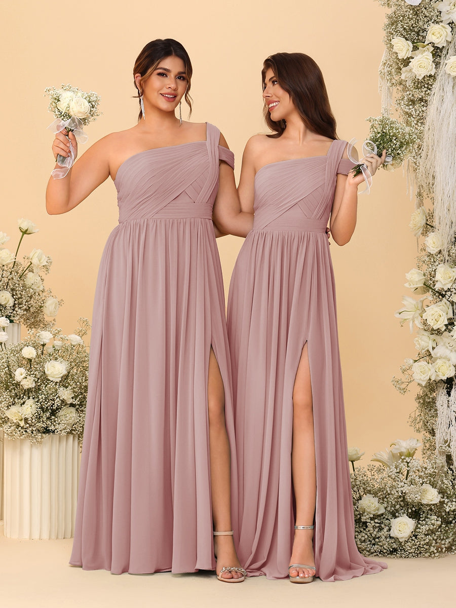 A-Line/Princess One-Shoulder Sleeveless Floor-Length Ruched Bridesmaid Dresses With Side Slit - Image 19