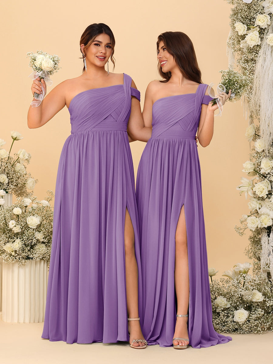 A-Line/Princess One-Shoulder Sleeveless Floor-Length Ruched Bridesmaid Dresses With Side Slit - Image 20