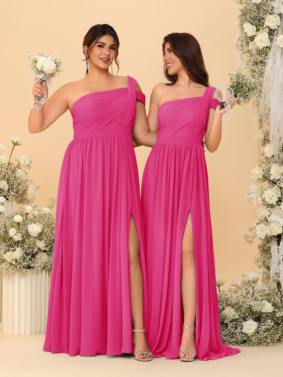 A-Line/Princess One-Shoulder Sleeveless Floor-Length Ruched Bridesmaid Dresses With Side Slit - Image 31