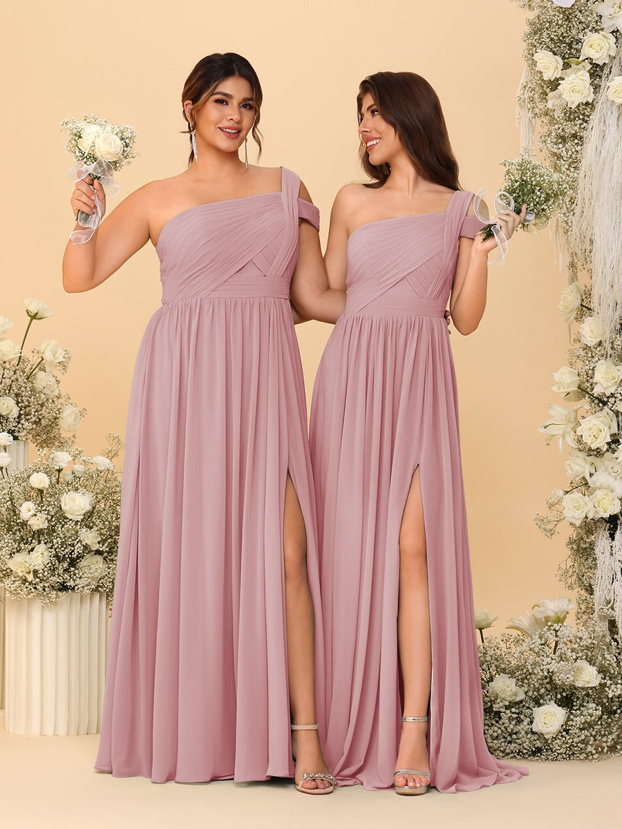 A-Line/Princess One-Shoulder Sleeveless Floor-Length Ruched Bridesmaid Dresses With Side Slit - Image 42