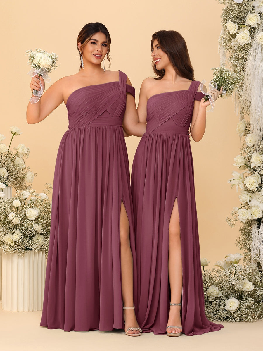 A-Line/Princess One-Shoulder Sleeveless Floor-Length Ruched Bridesmaid Dresses With Side Slit - Image 44