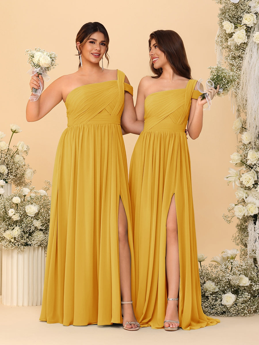 A-Line/Princess One-Shoulder Sleeveless Floor-Length Ruched Bridesmaid Dresses With Side Slit - Image 45