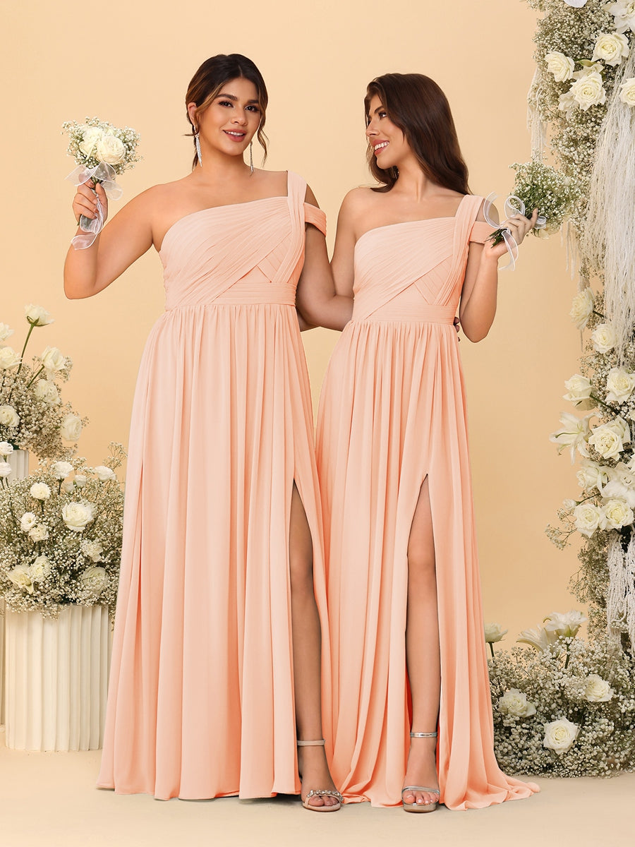A-Line/Princess One-Shoulder Sleeveless Floor-Length Ruched Bridesmaid Dresses With Side Slit - Image 52