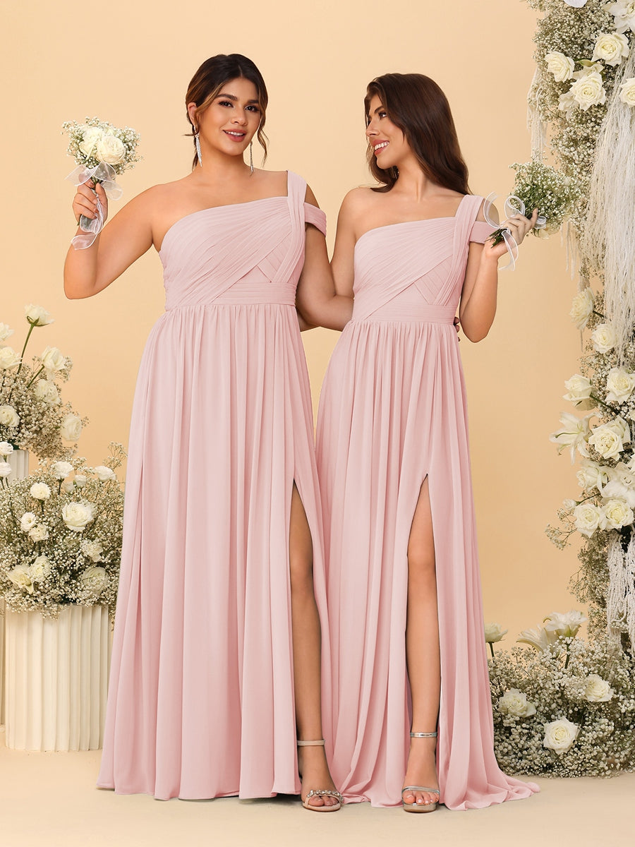 A-Line/Princess One-Shoulder Sleeveless Floor-Length Ruched Bridesmaid Dresses With Side Slit - Image 54