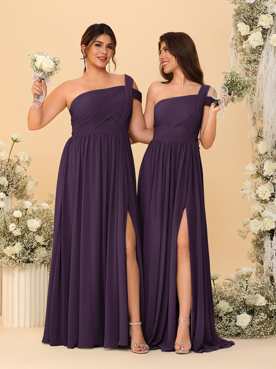 A-Line/Princess One-Shoulder Sleeveless Floor-Length Ruched Bridesmaid Dresses With Side Slit - Image 56