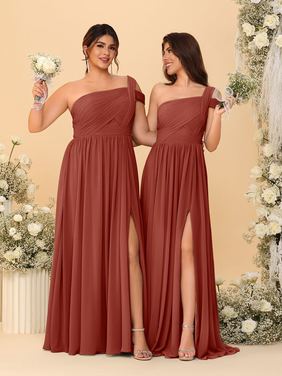A-Line/Princess One-Shoulder Sleeveless Floor-Length Ruched Bridesmaid Dresses With Side Slit - Image 60