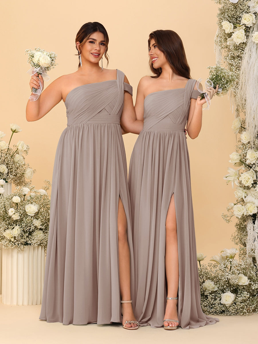 A-Line/Princess One-Shoulder Sleeveless Floor-Length Ruched Bridesmaid Dresses With Side Slit - Image 69