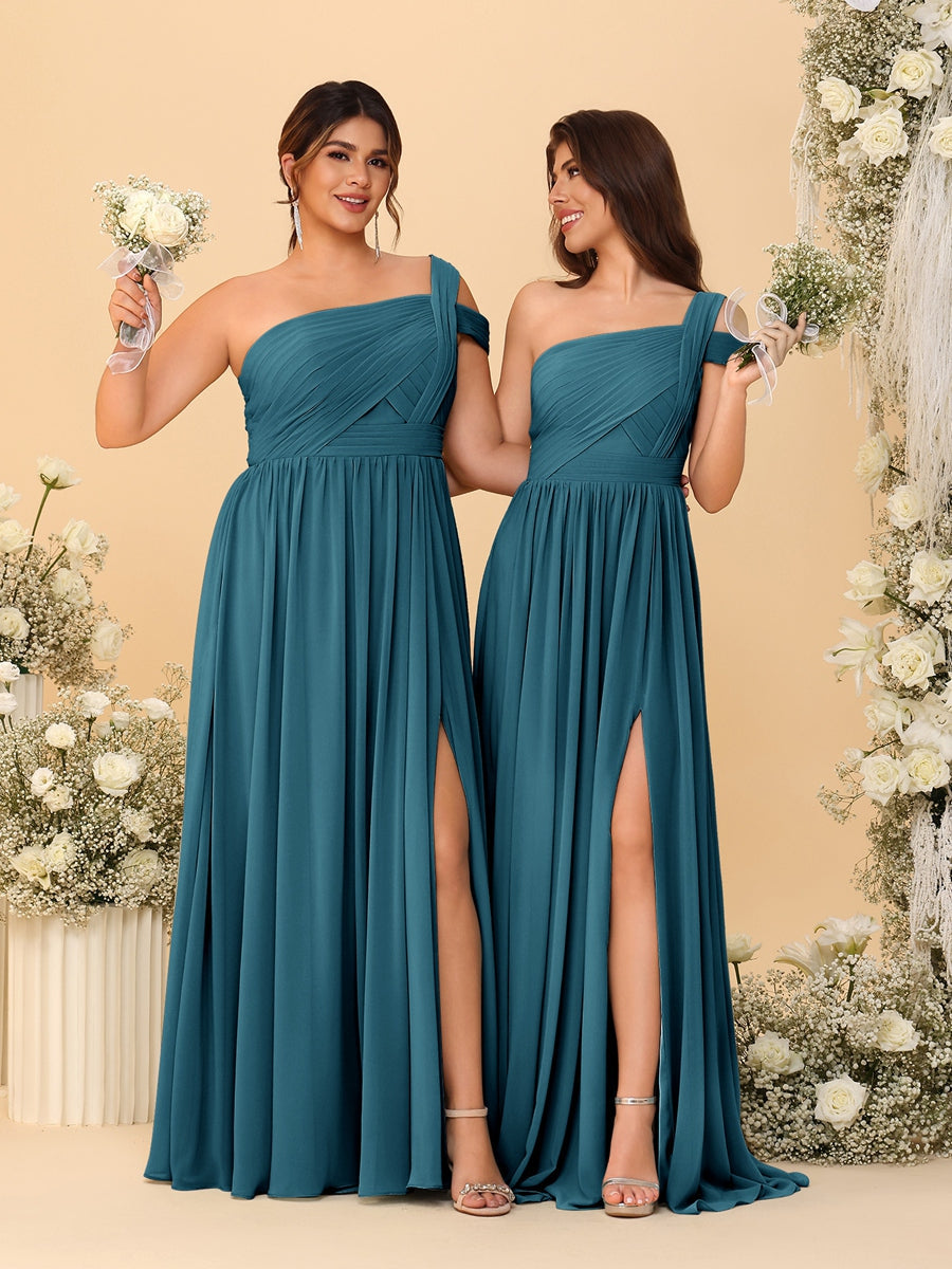 A-Line/Princess One-Shoulder Sleeveless Floor-Length Ruched Bridesmaid Dresses With Side Slit - Image 70