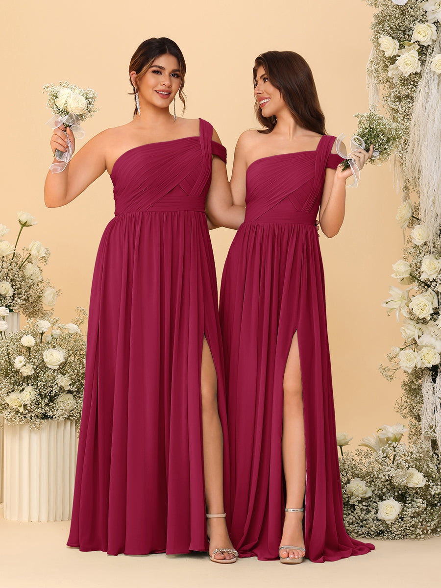 A-Line/Princess One-Shoulder Sleeveless Floor-Length Ruched Bridesmaid Dresses With Side Slit - Image 73