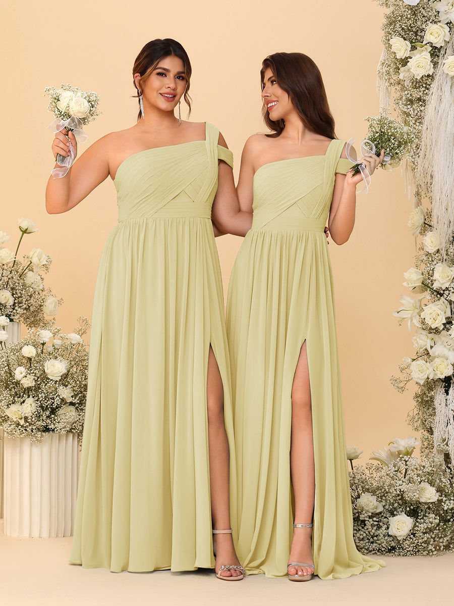 A-Line/Princess One-Shoulder Sleeveless Floor-Length Ruched Bridesmaid Dresses With Side Slit - Image 75