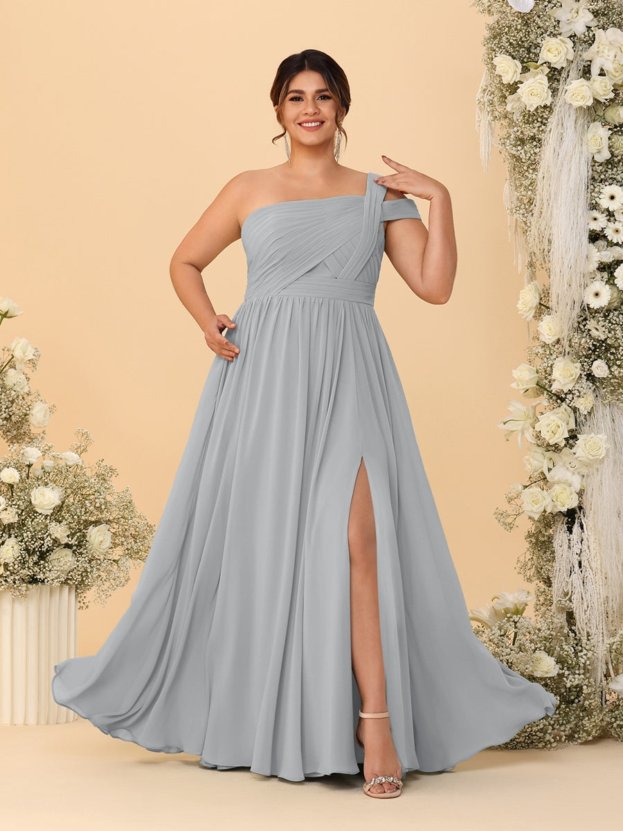A-Line/Princess One-Shoulder Sleeveless Floor-Length Ruched Plus Size Bridesmaid Dresses With Side Slit - Image 69