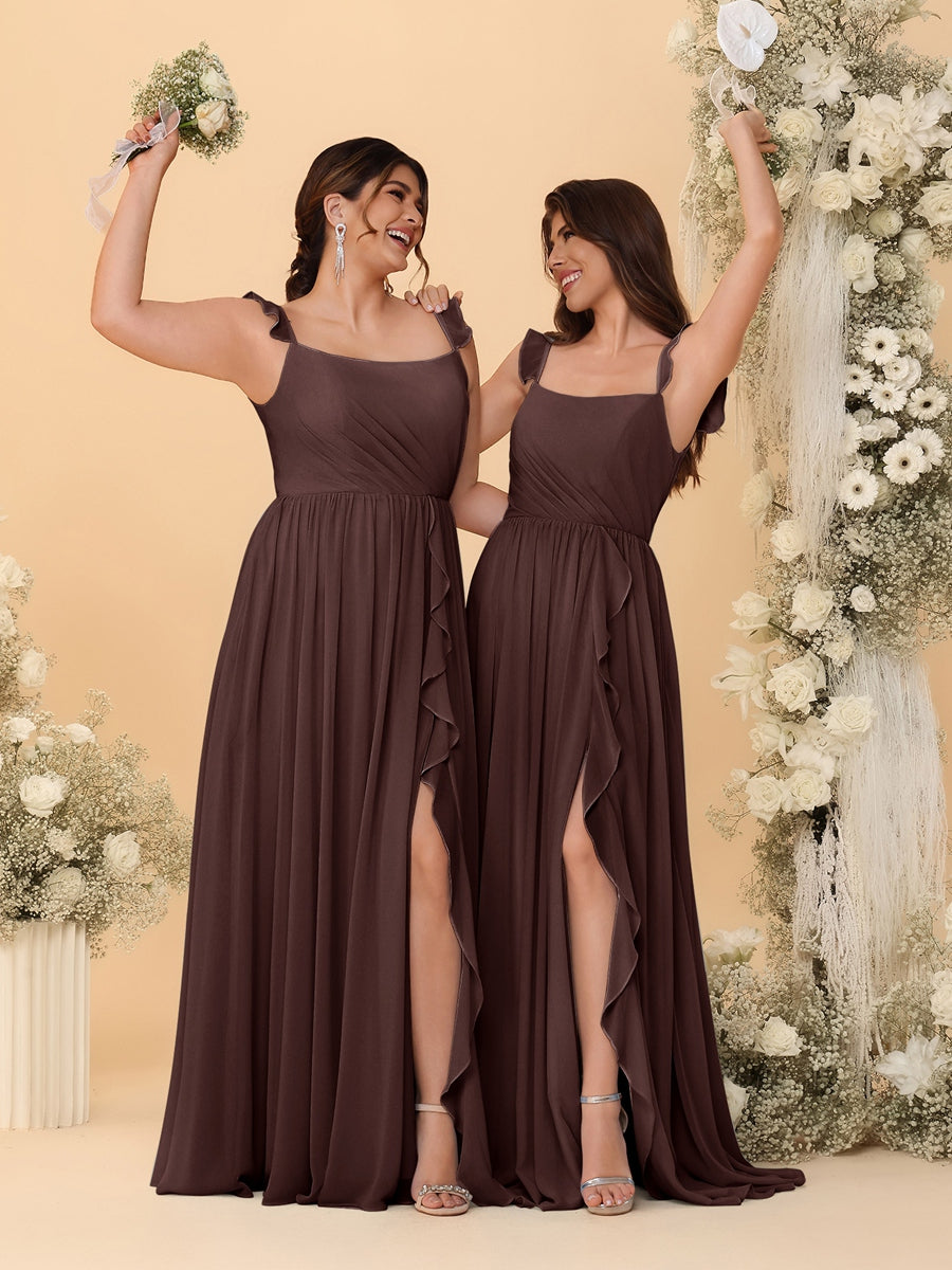 A-Line/Princess Square Neck Sleeveless Ruched Bridesmaid Dresses With Side Slit & Ruffles - Image 11