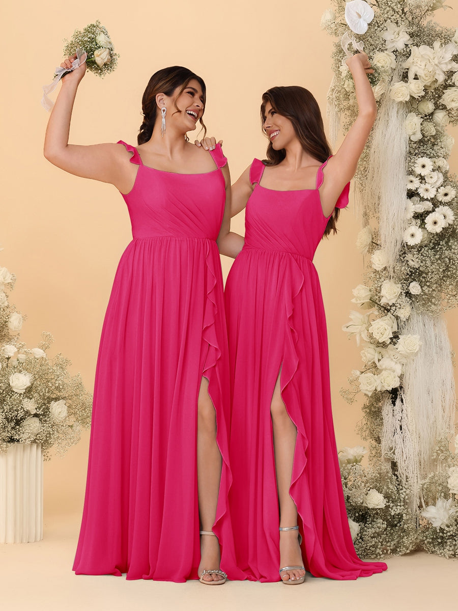 A-Line/Princess Square Neck Sleeveless Ruched Bridesmaid Dresses With Side Slit & Ruffles - Image 27