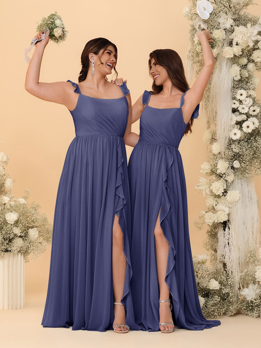 A-Line/Princess Square Neck Sleeveless Ruched Bridesmaid Dresses With Side Slit & Ruffles - Image 69