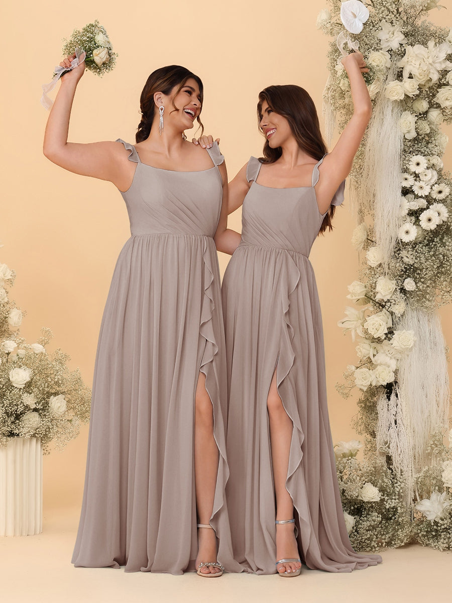 A-Line/Princess Square Neck Sleeveless Ruched Bridesmaid Dresses With Side Slit & Ruffles - Image 70