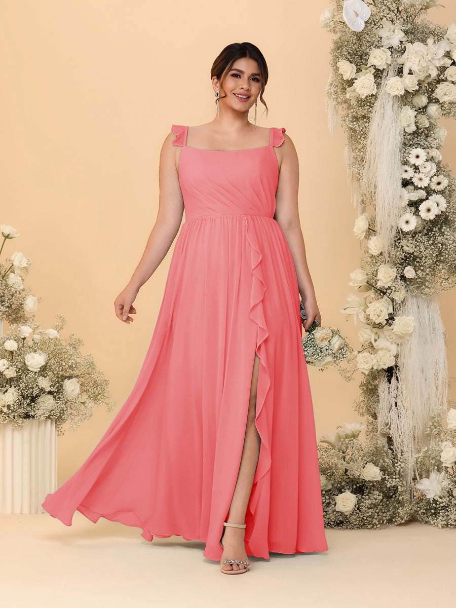 A-Line/Princess Square Neck Sleeveless Plus Size Bridesmaid Dresses With Side Slit & Ruffles - Image 13